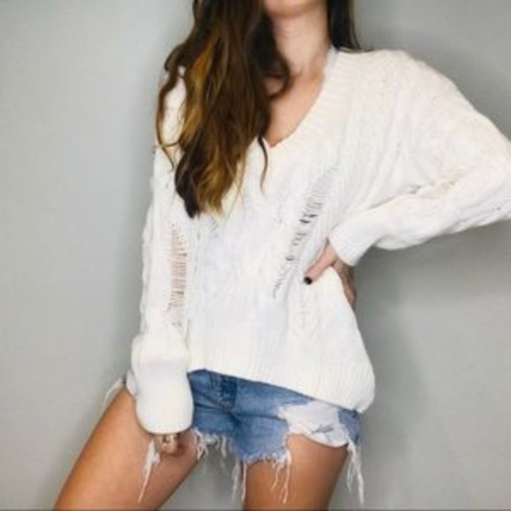 Express White Distressed V-Neck Oversized Sweater